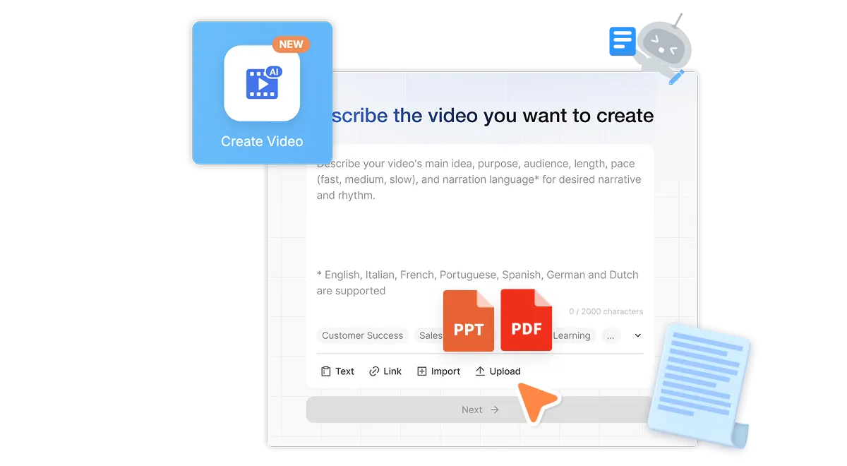 AI Video Generator handling multiple input types like text, PDFs, and recordings